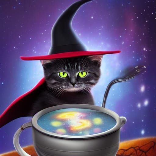 Galaxy Witch-Cat Brewing Potion in Cauldron