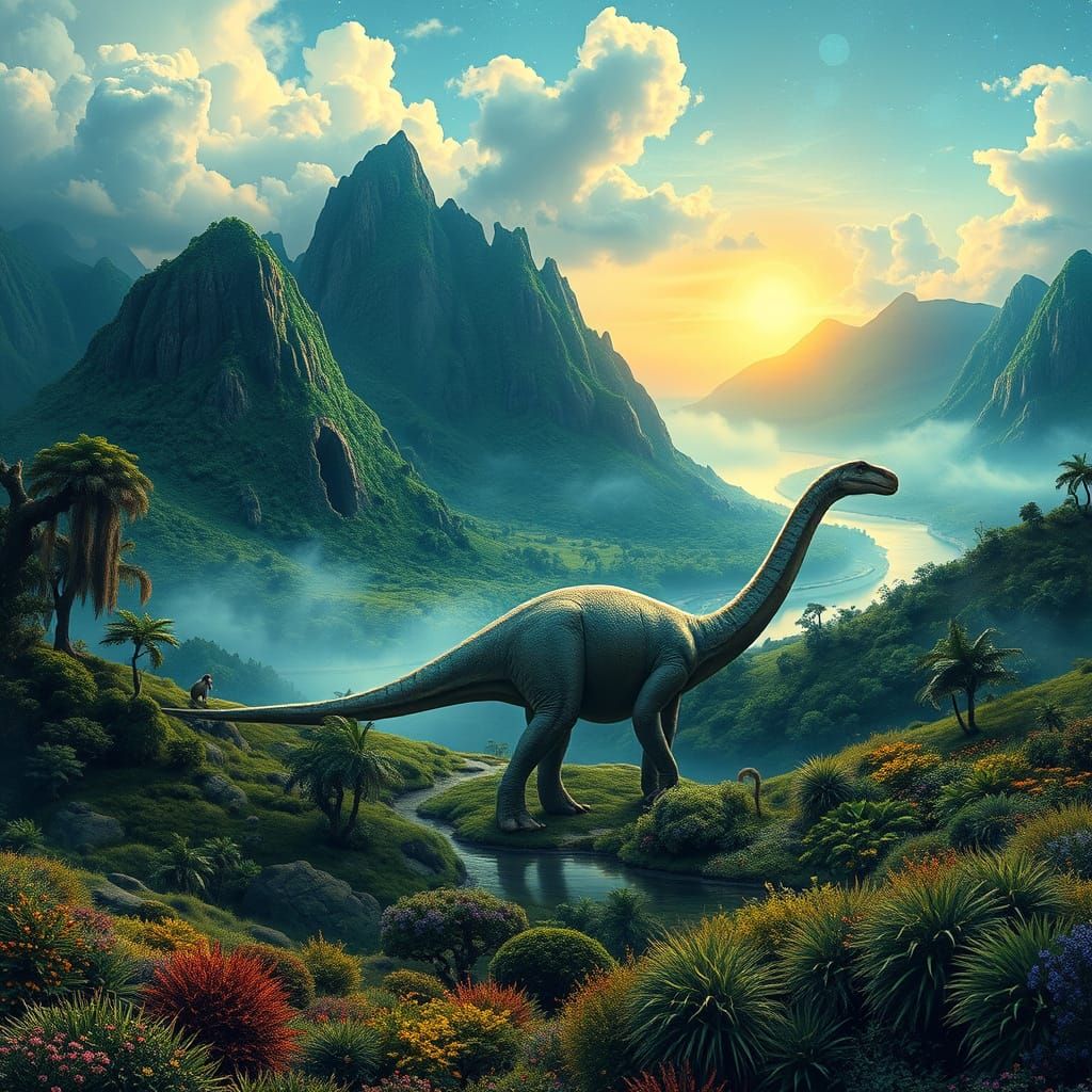 Lush Jurassic Landscape with Apatosaurus in Mixed Media