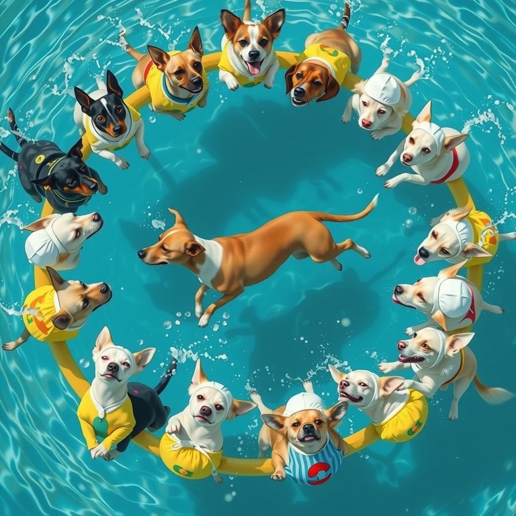 Dogs Synchronized Swimming Circle in Pop Surrealist Style