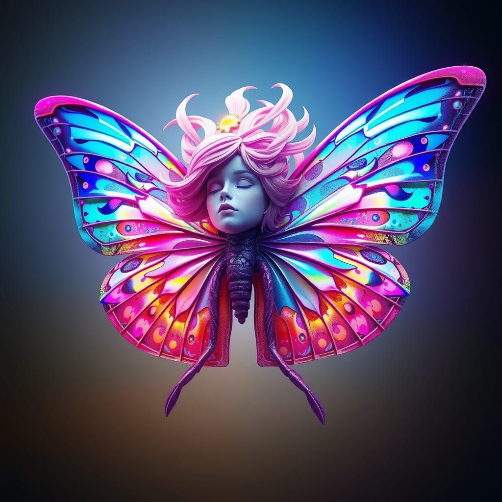 Butterfly with Woman's Head in Hyperrealistic 3D
