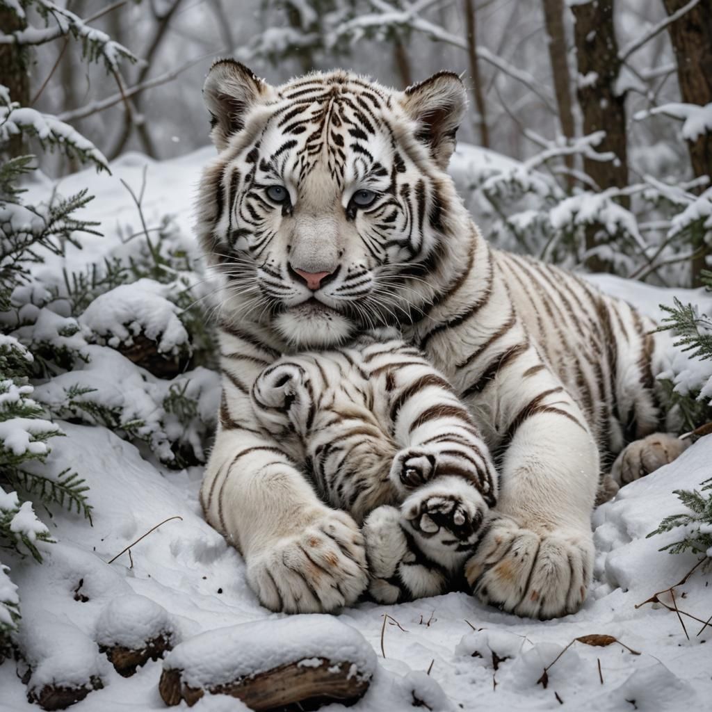 Hyperrealistic White Tiger Cub Sleeps in Snowy Forest