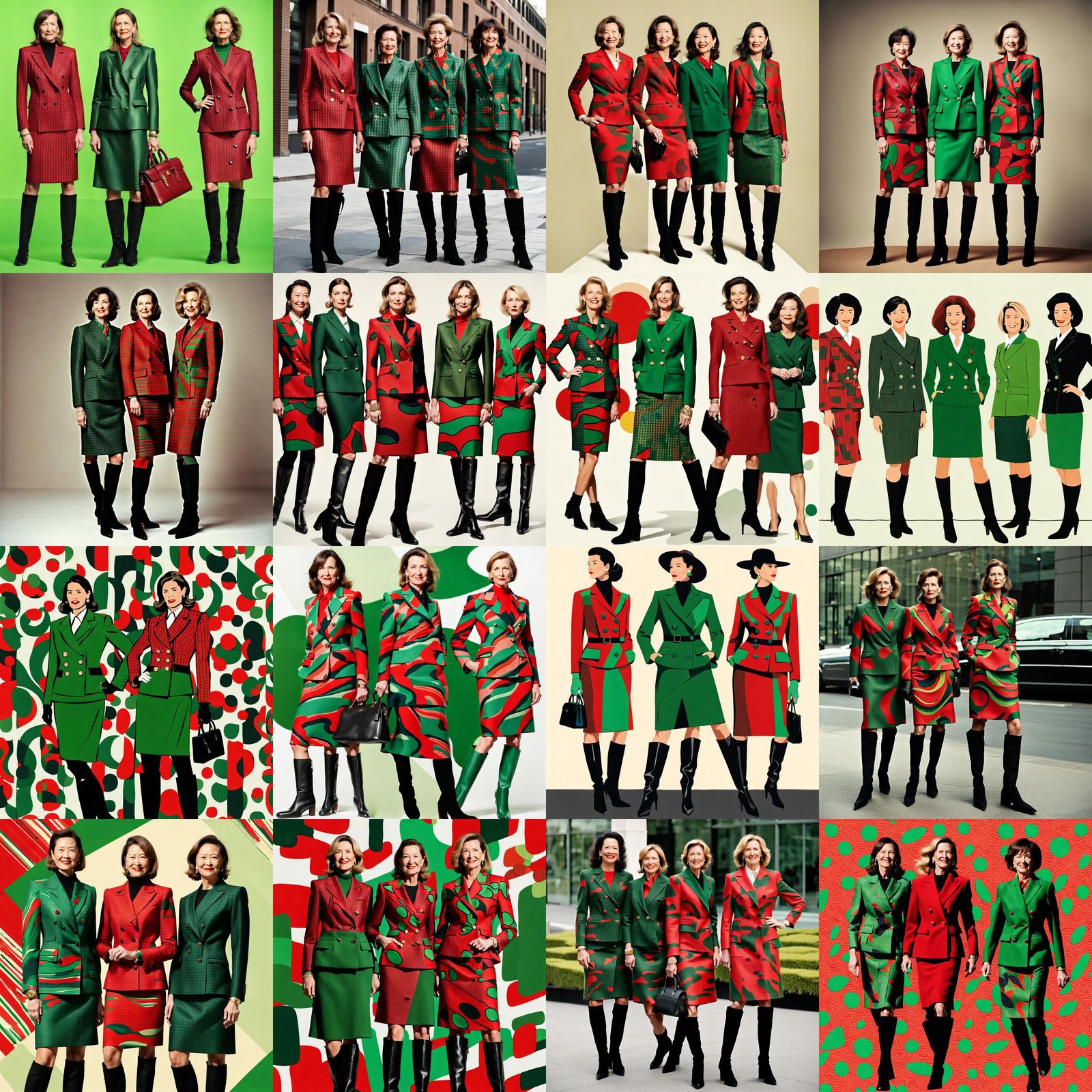 Businesswomen in Abstract Red and Green Suits