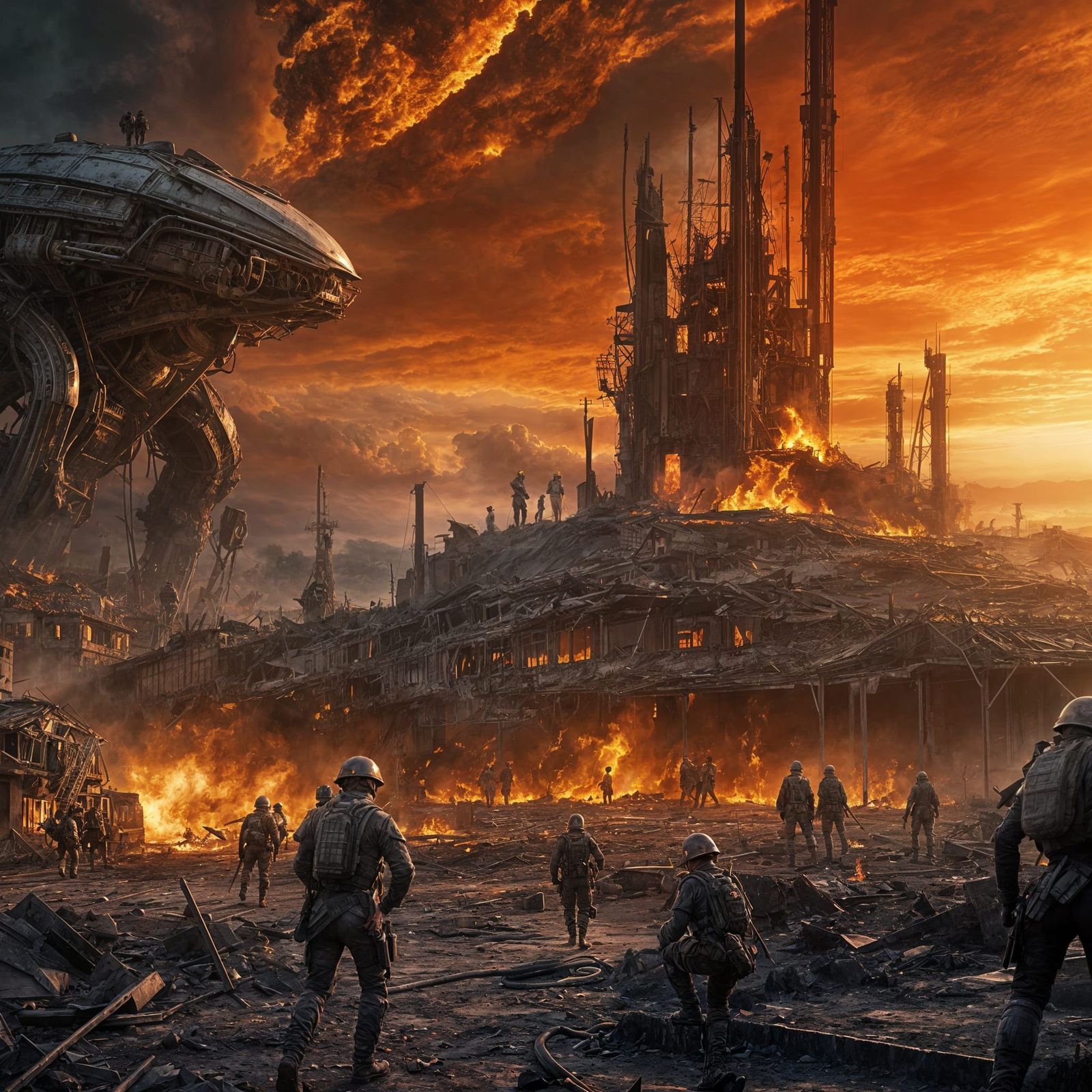 Bio-Punk Battlefield Scene with Burning Sky