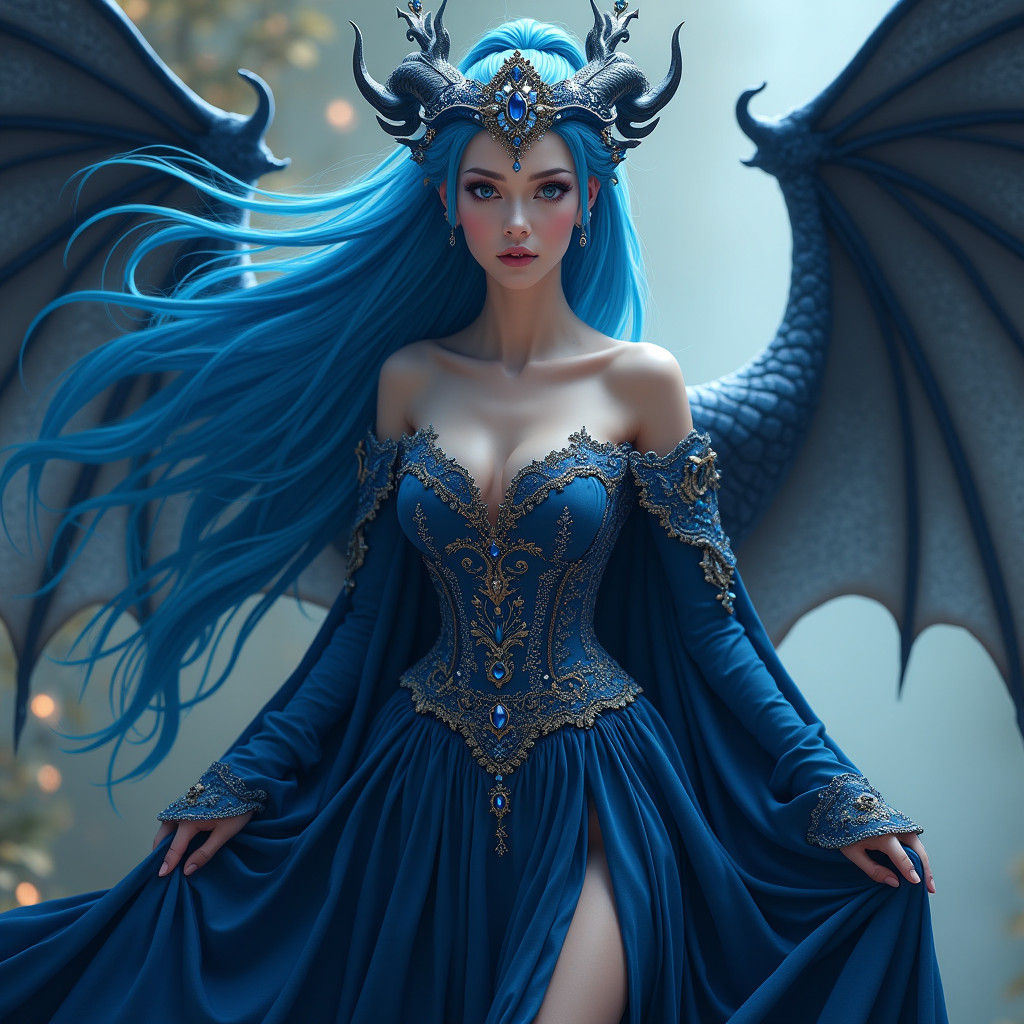 Majestic Dragon Queen with Celestial Blue Hair