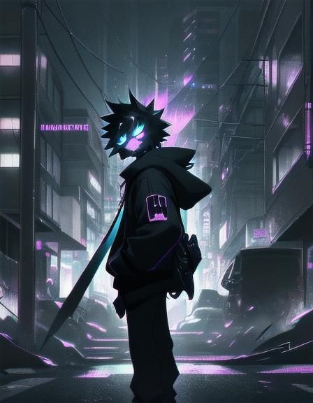 Furry Anime Boy in Neon Cityscape