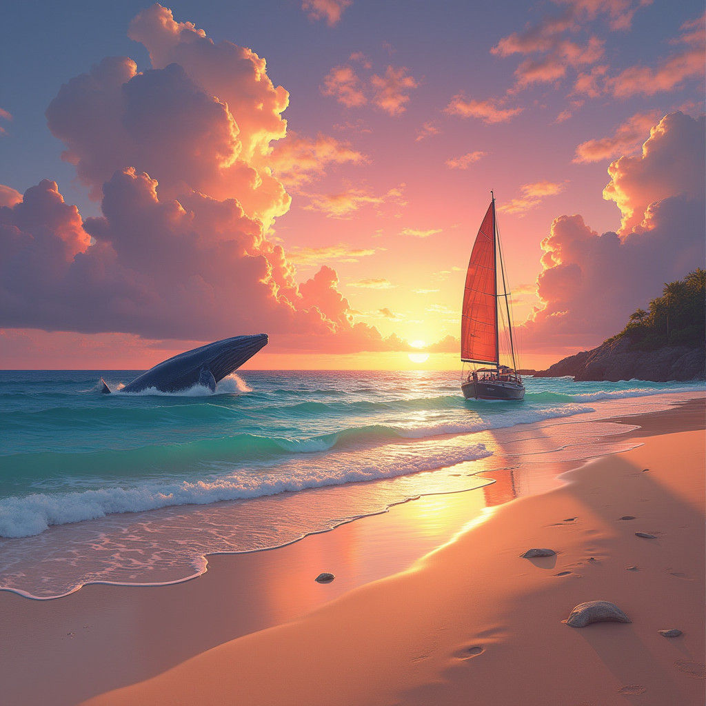 Sunset Beach with Whale, High-Fantasy Matte Painting