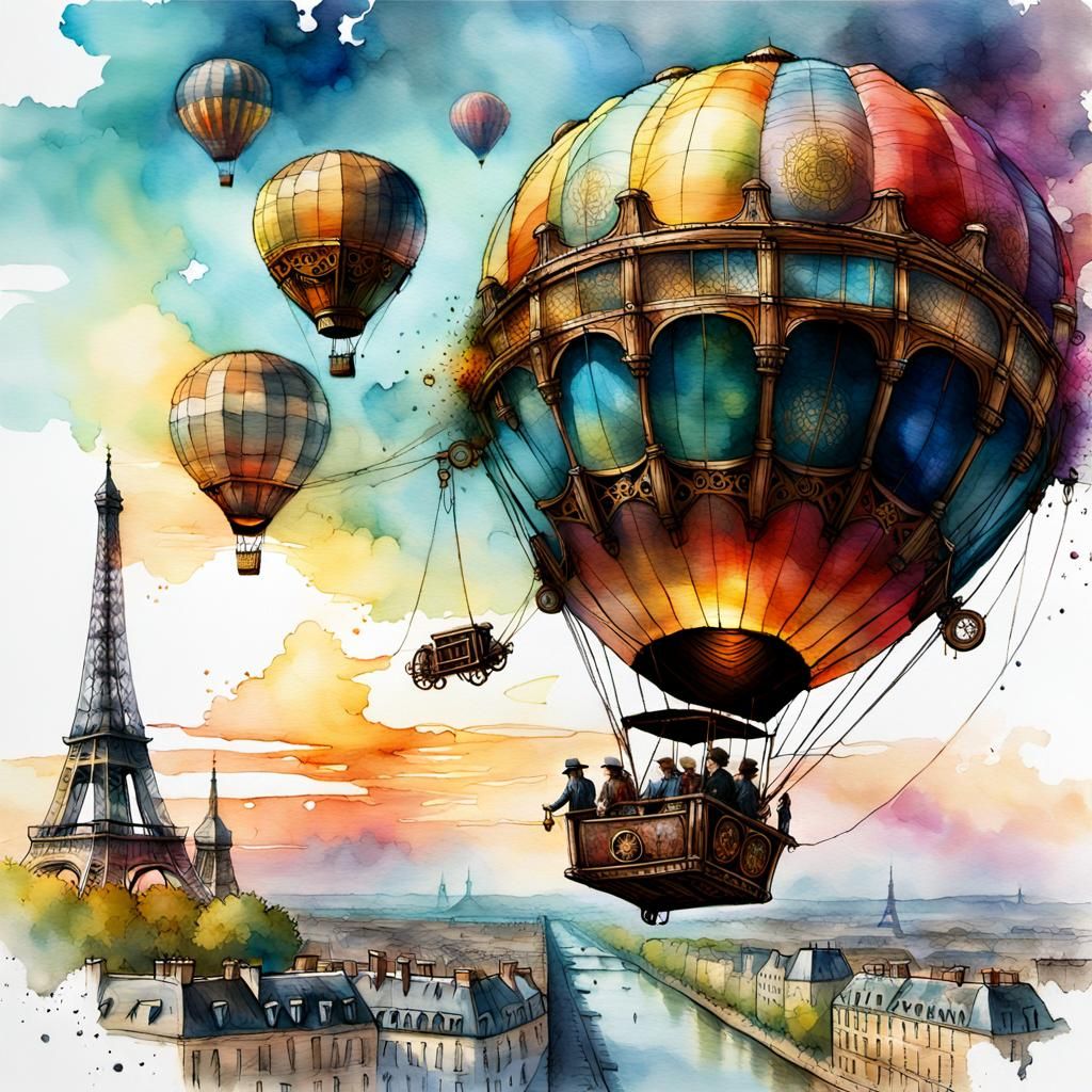 Steampunk Balloon Flight Over Paris at Sunset