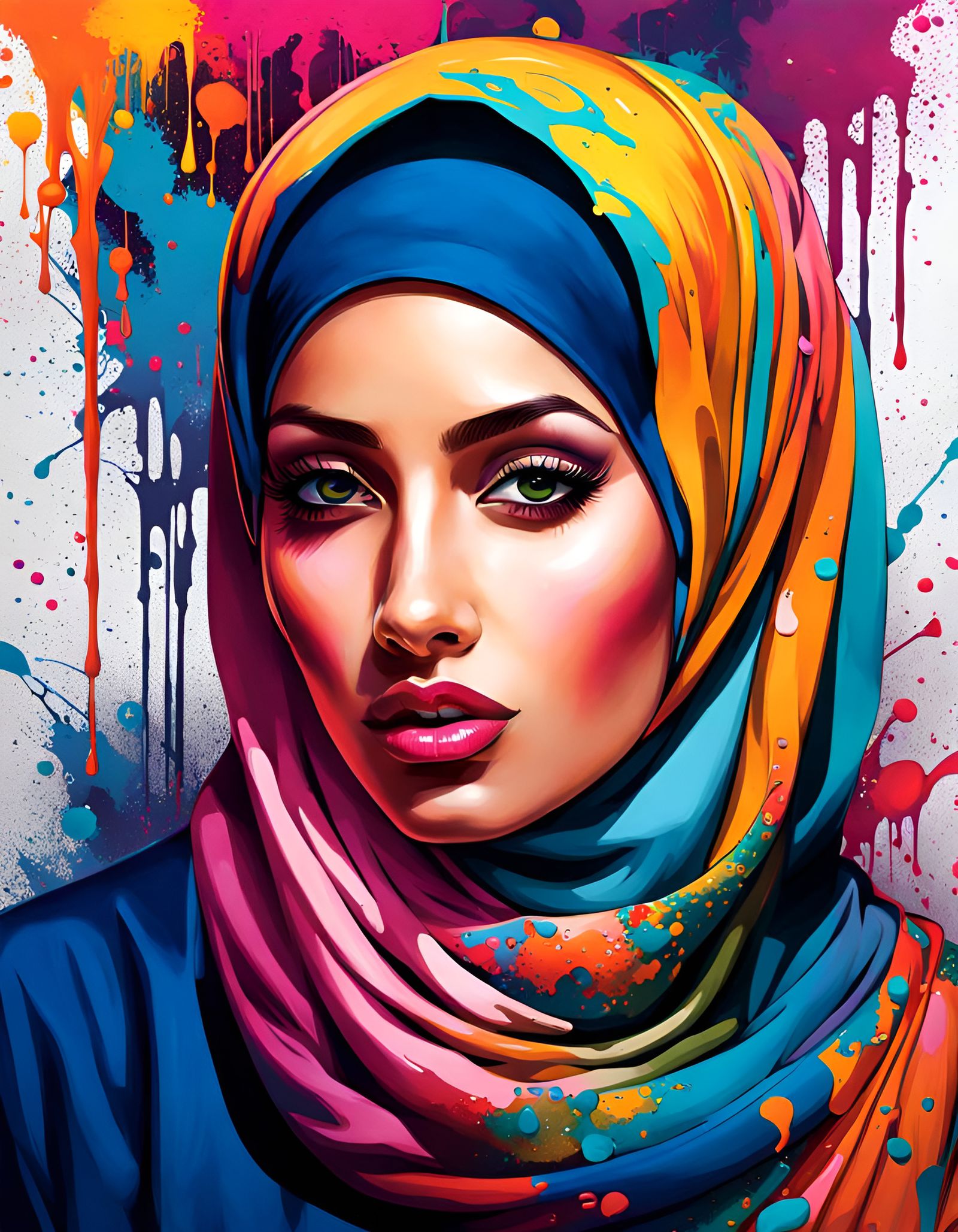 Colorful Hijabi Woman in Street Art Style