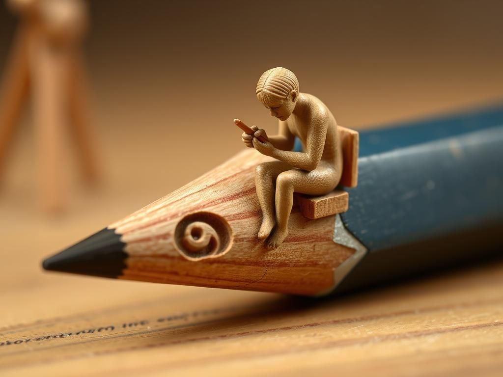 Surreal Miniature Wood Carving on Pencil Tip
