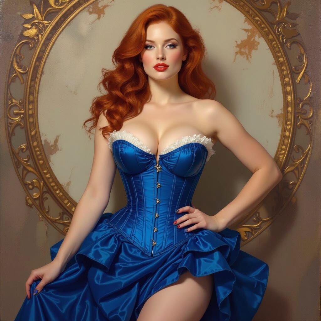 Redhead Woman in Blue Corset as Hyperrealistic Oil Painting