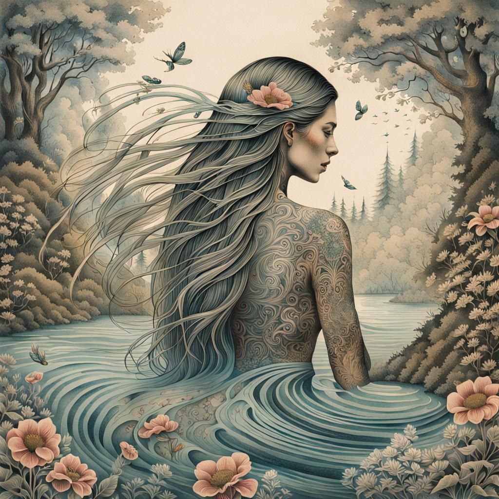 Model with Floral Tattoos in Motion: Etching Style