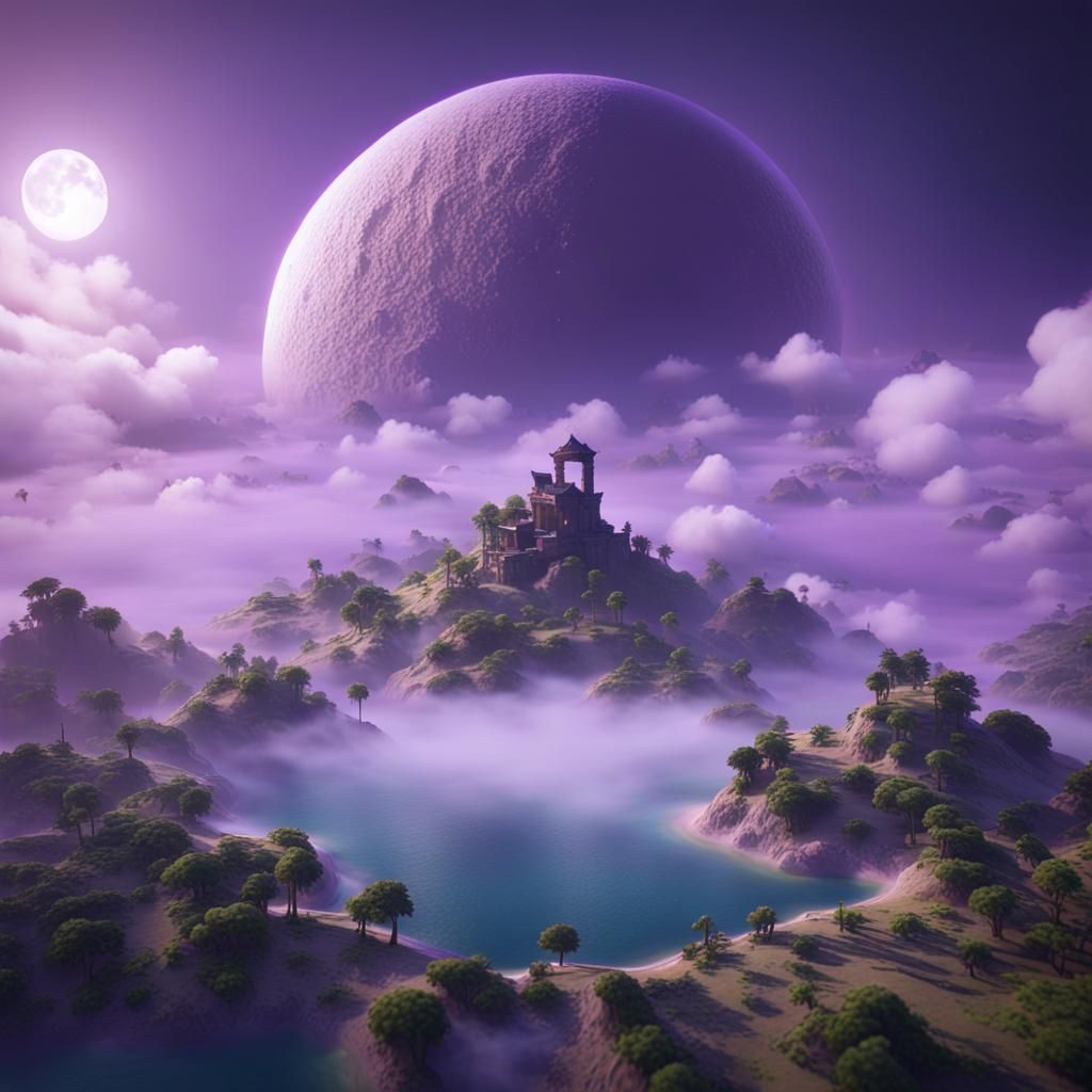 Floating Island in Purple Fog, 3D Rendered