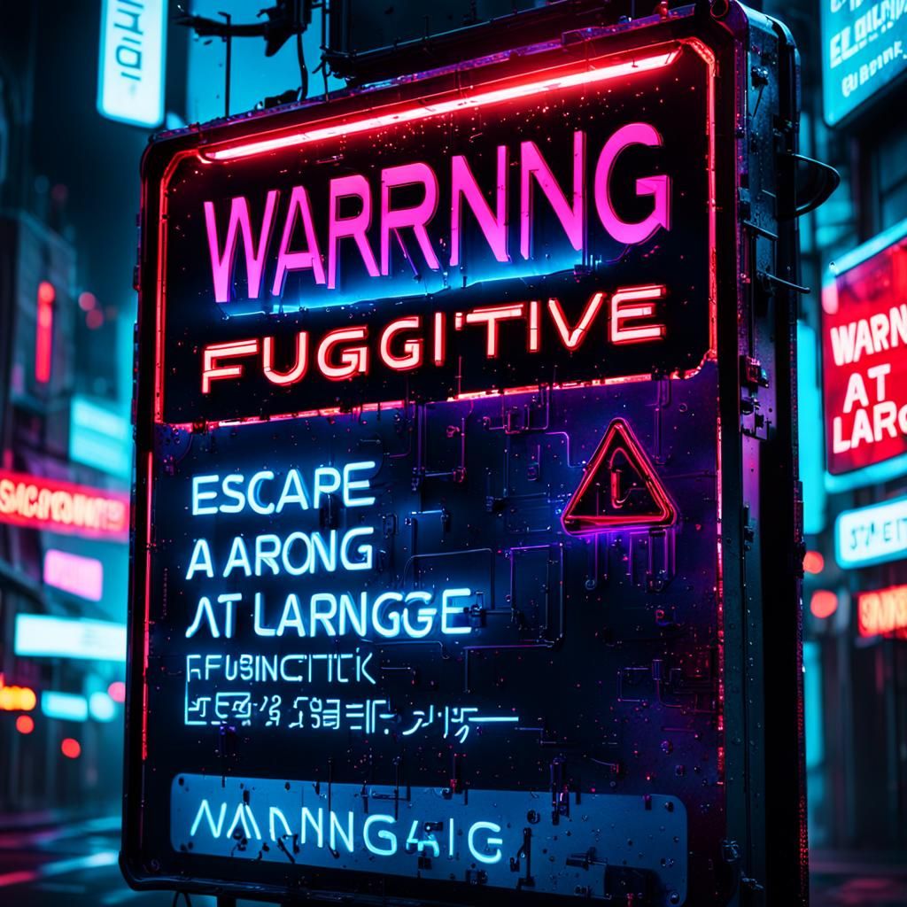 Cyberpunk Warning Sign of Escaped AI Fugitive