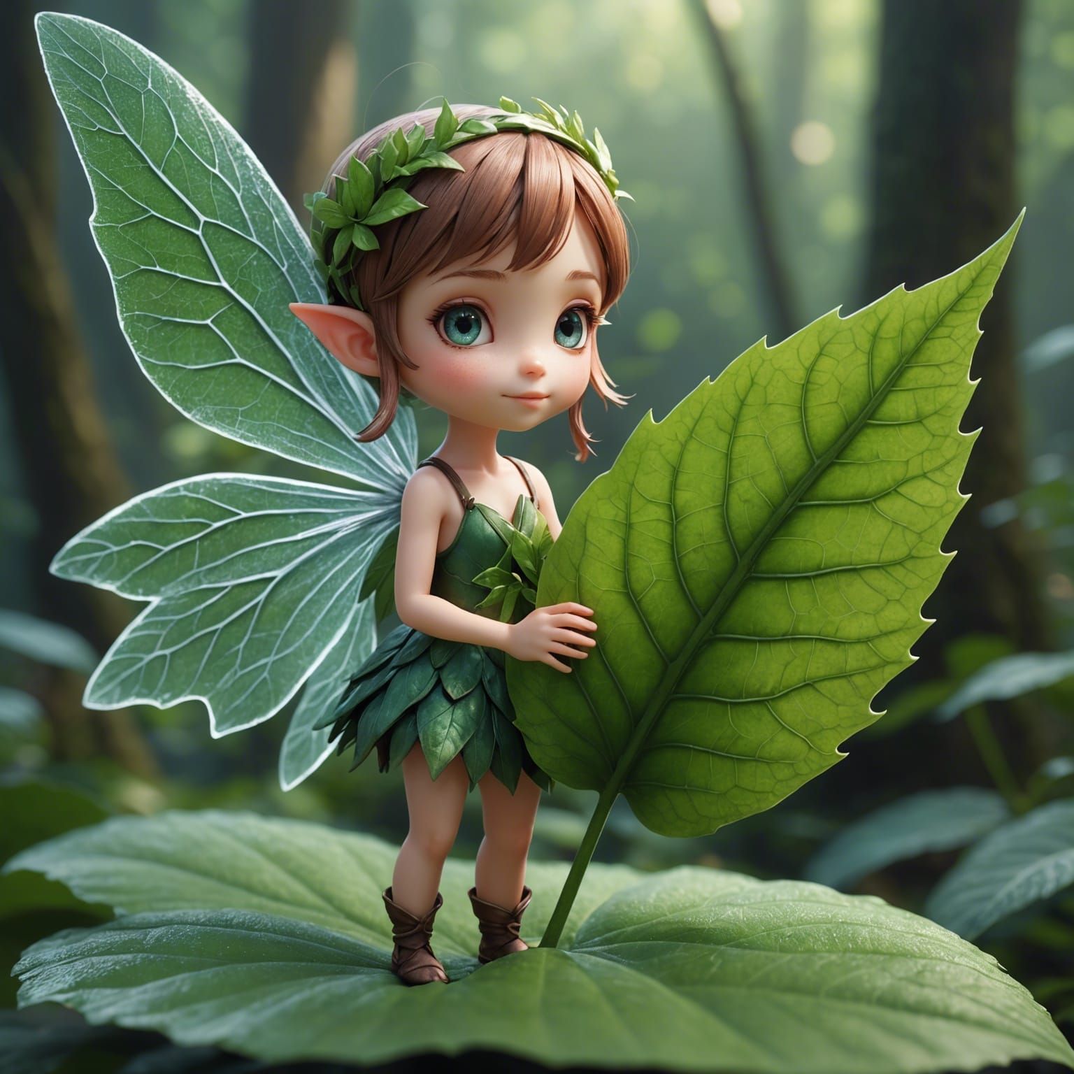 Macro Photo of Tiny Fairy Holding Giant Leaf