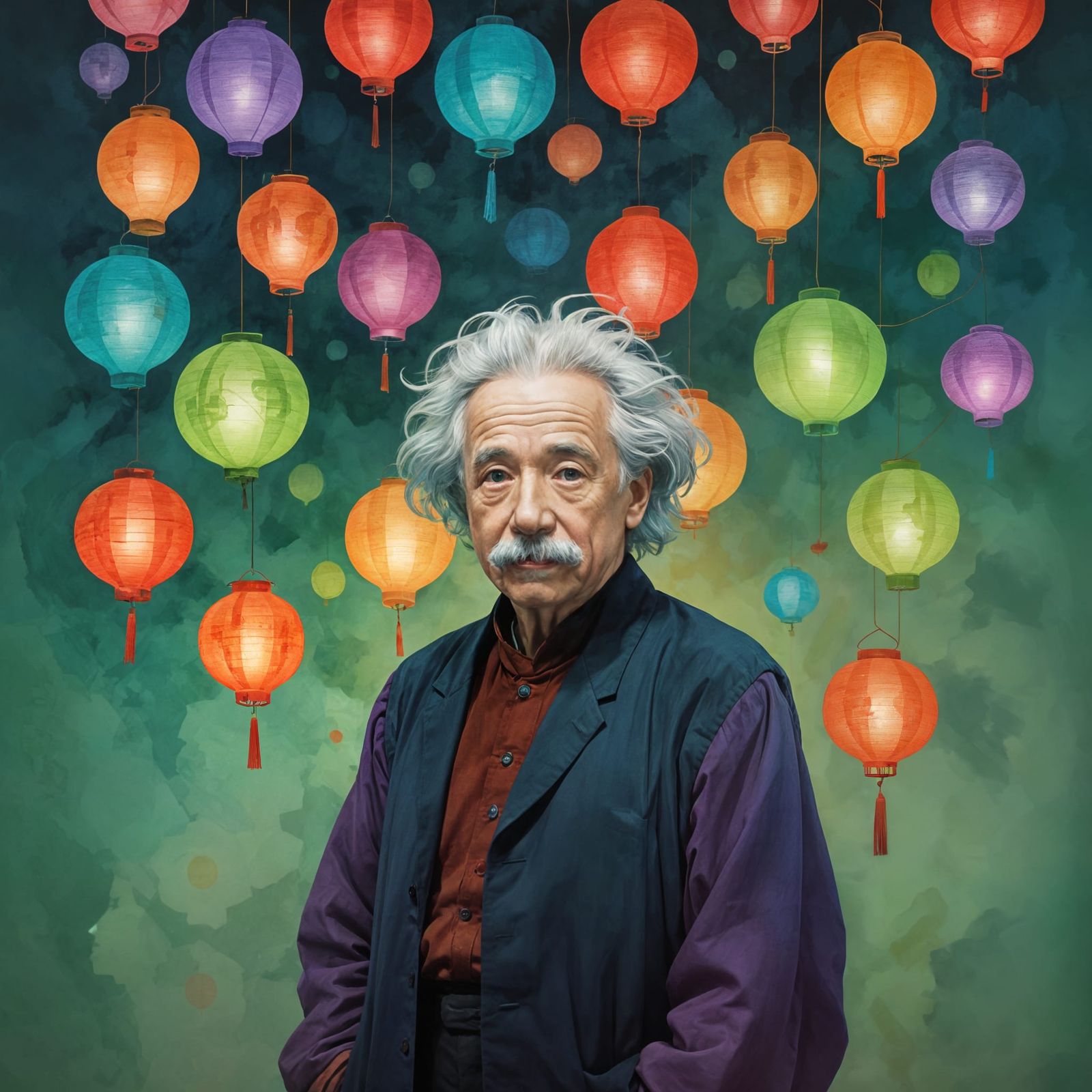 Einstein Portrait Under Sea of Paper Lanterns