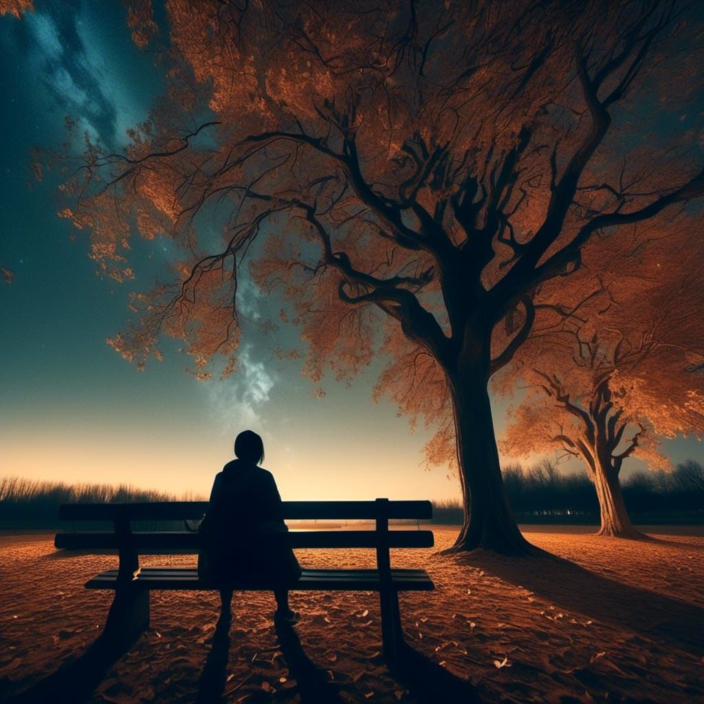 Contemplative Figure on Park Bench Gazing at Sky