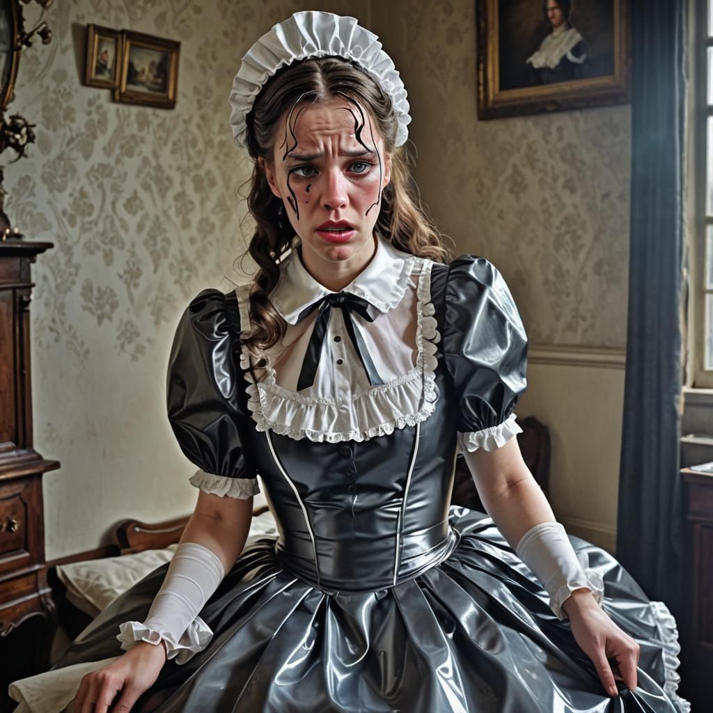 Crying Maid in Latex Dress: Hyperrealistic Image