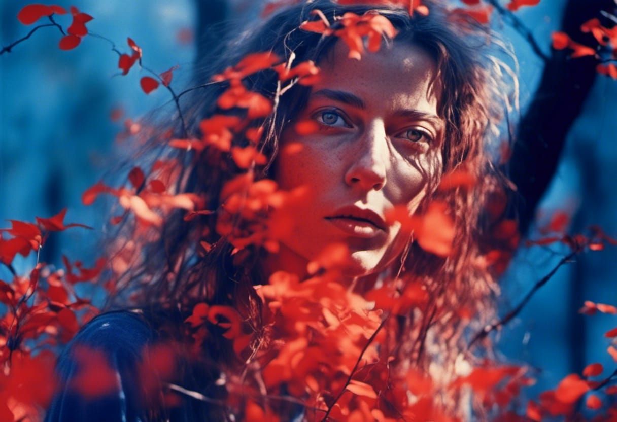 Woman's Portrait in Forest, High Contrast Photography