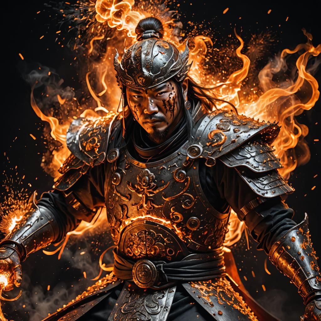 Dramatic Chinese Warrior Portrait in Molten Metal