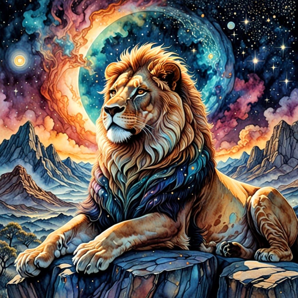 Cosmic Lion in Vibrant Watercolor Style