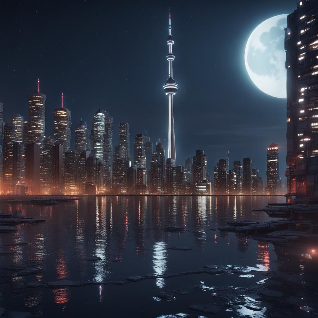 Futuristic Toronto at Night with CN Tower