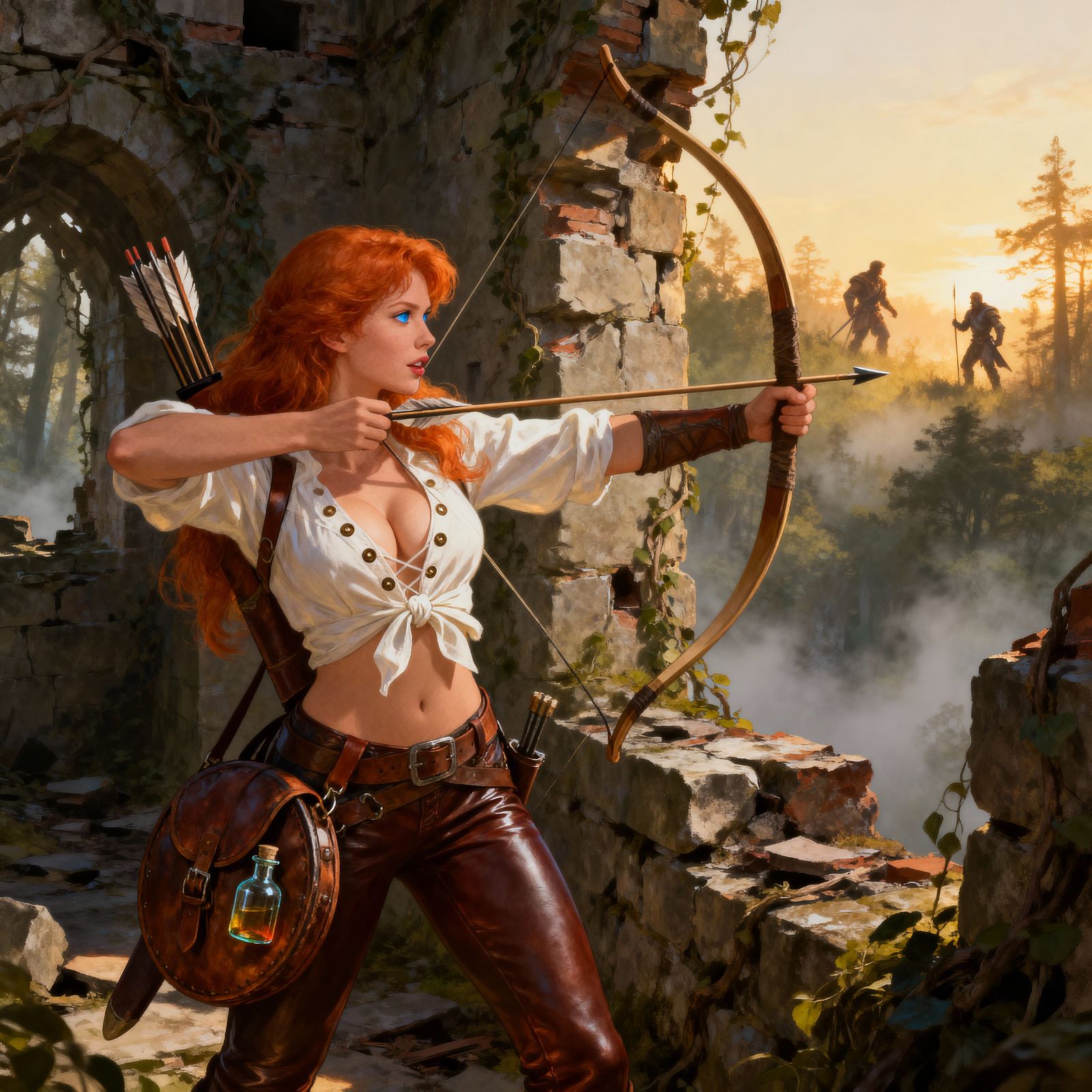 Fantasy Adventuress Aims Bow in Crumbling Watchtower