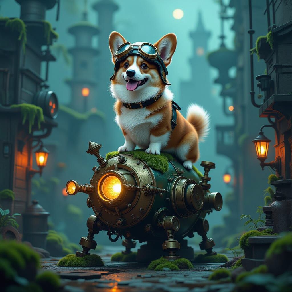 Corgi Pilot on Mossy Automaton in Industrial Cityscape