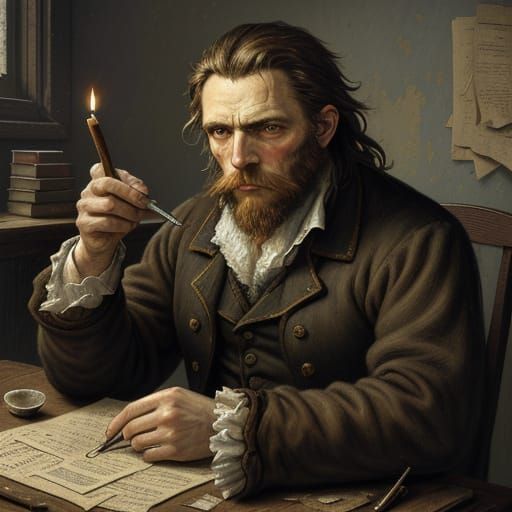 Intellectual Poet in Dimly Lit Cell, Oil Painting