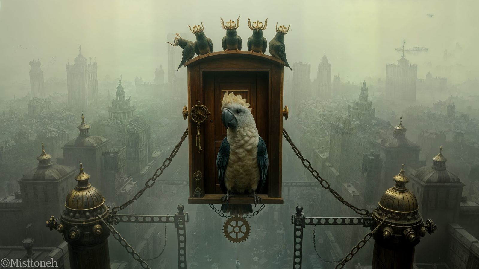 Steampunk Cockatoos Guarding Floating Door in Fog