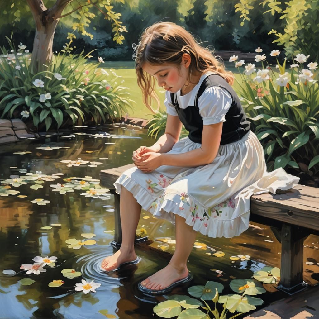 Impressionist Girl Washing Feet in Garden