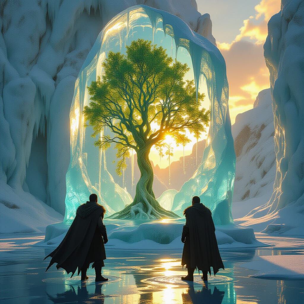 Colossal Ice Sculpture Encasing a Tree in Sunlight