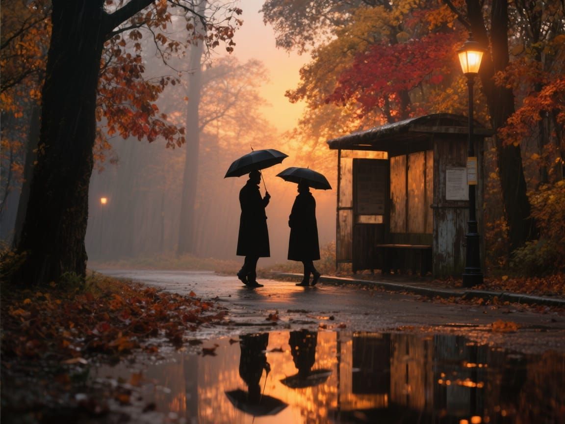 Figures in Autumn Twilight Encounter