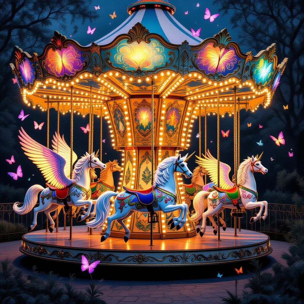 Magical Carousel with Mythical Beasts in Art Nouveau Style