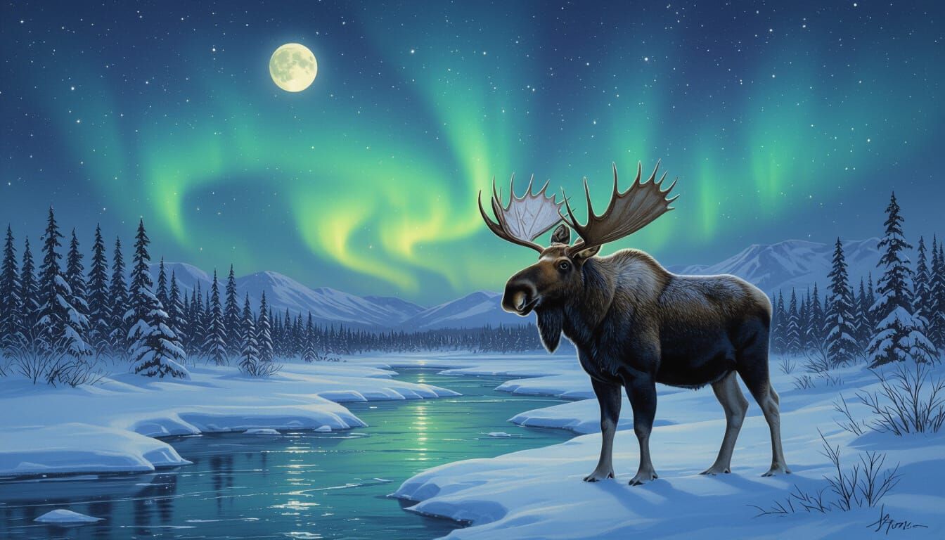 Yukon Moose Under Aurora Borealis