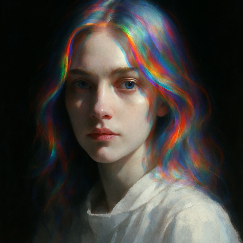 Chromatic Rainbow Hair Portrait in Tenebrism Style