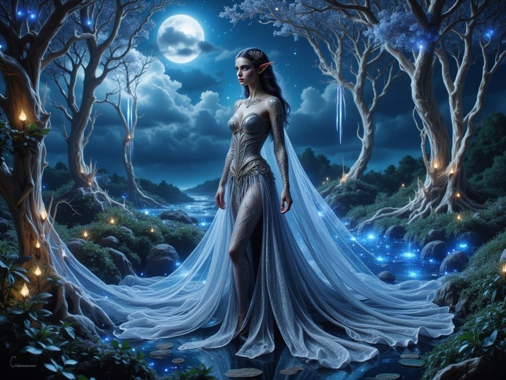 Elegant Elf Queen in Ethereal Forest - High Fantasy Art Nouv...