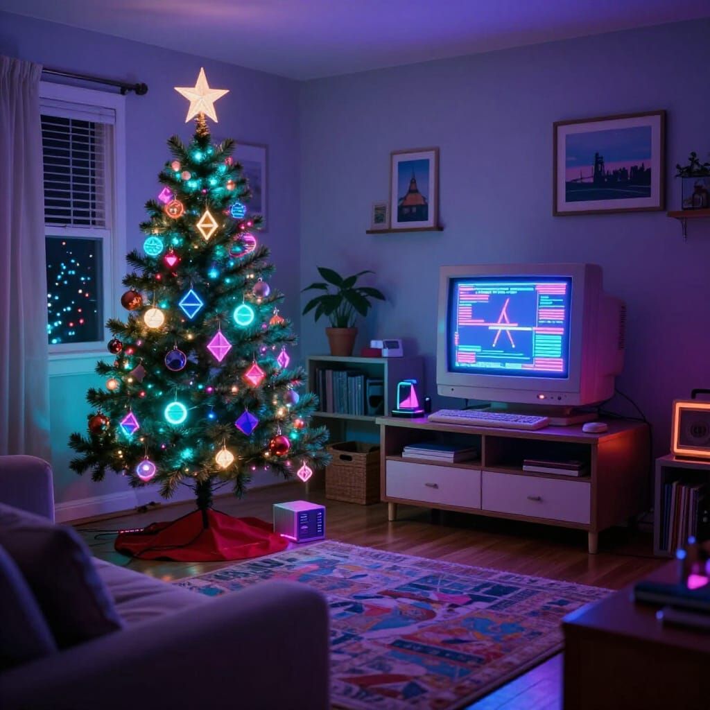 Retro-Futuristic 90s Christmas Home in Tron Style