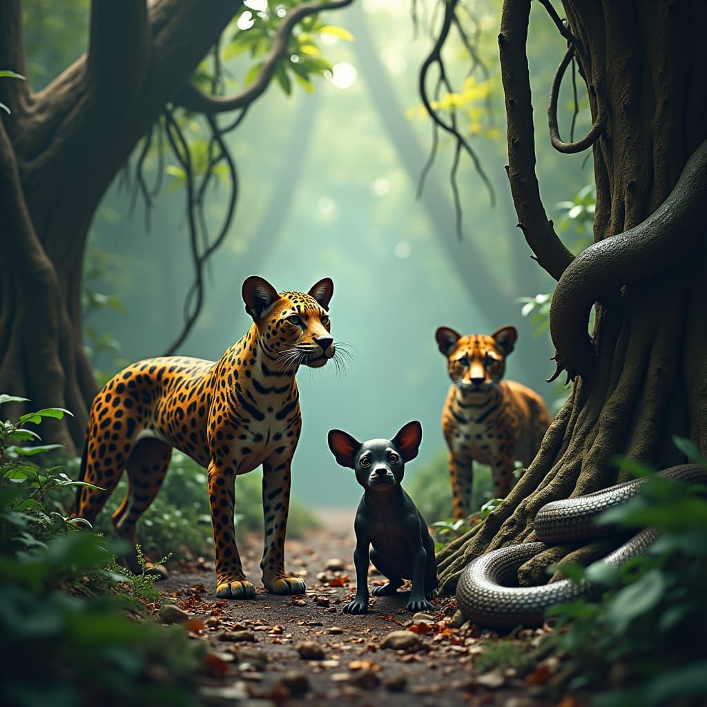Jungle Peril: Small Dog Surrounded by Predators