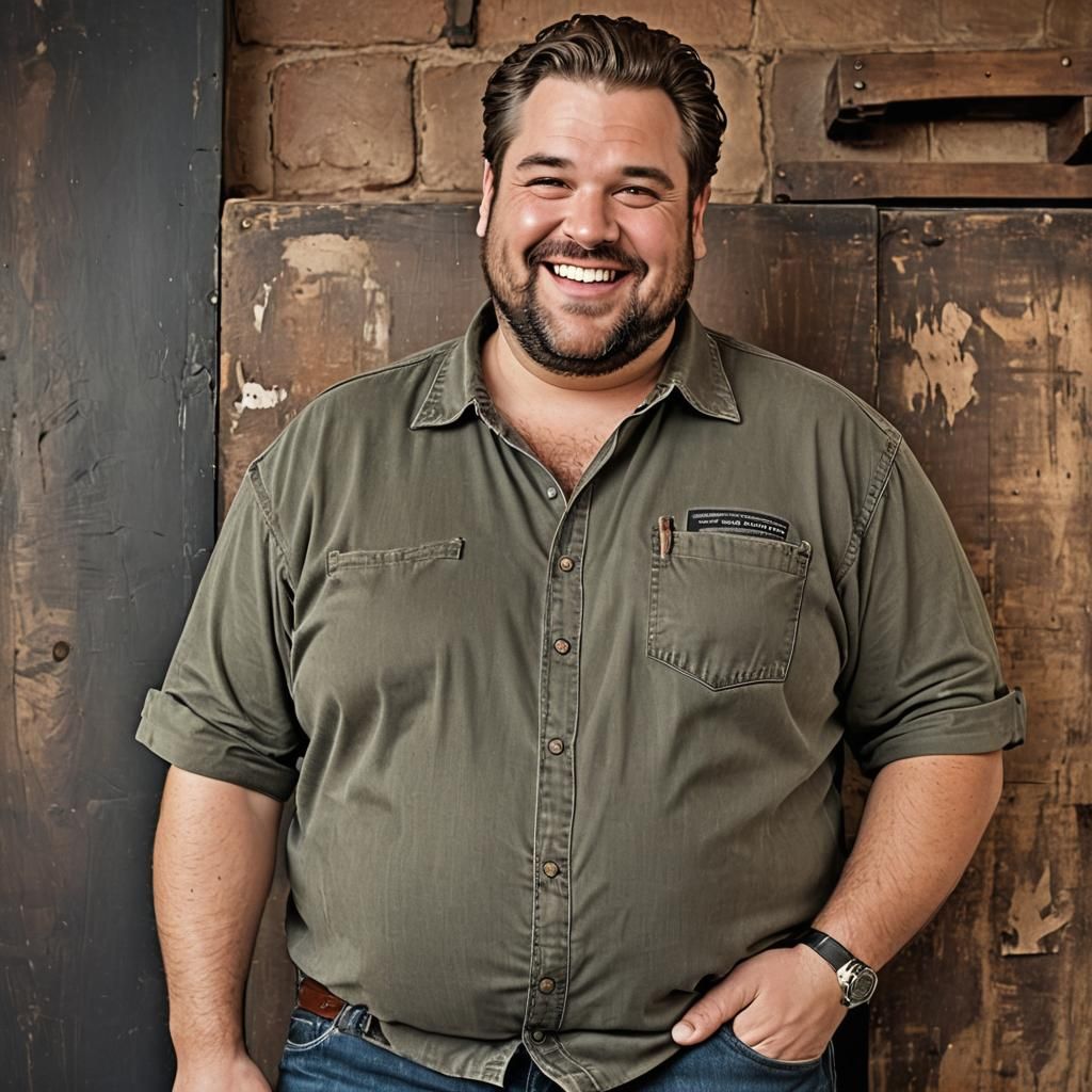 Smiling Obese Man with Potbelly in Restaurant