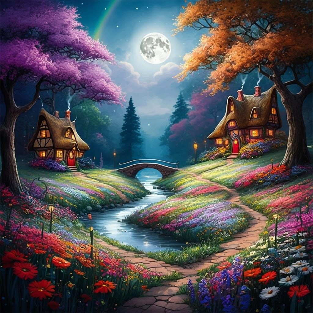 Whimsical Meadow with Cottages in Storybook Style