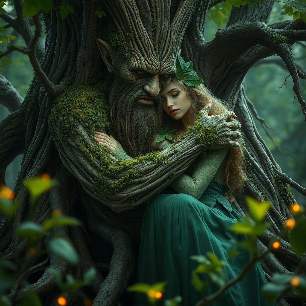 Woman Embracing Ancient Tree in Mystical Forest