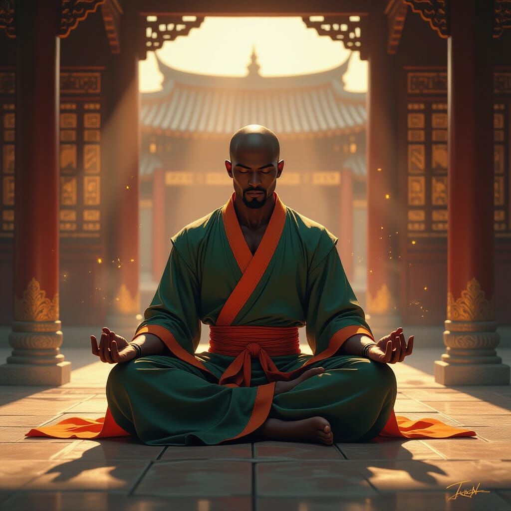 African Kung Fu Warrior Meditating in Temple Courtyard