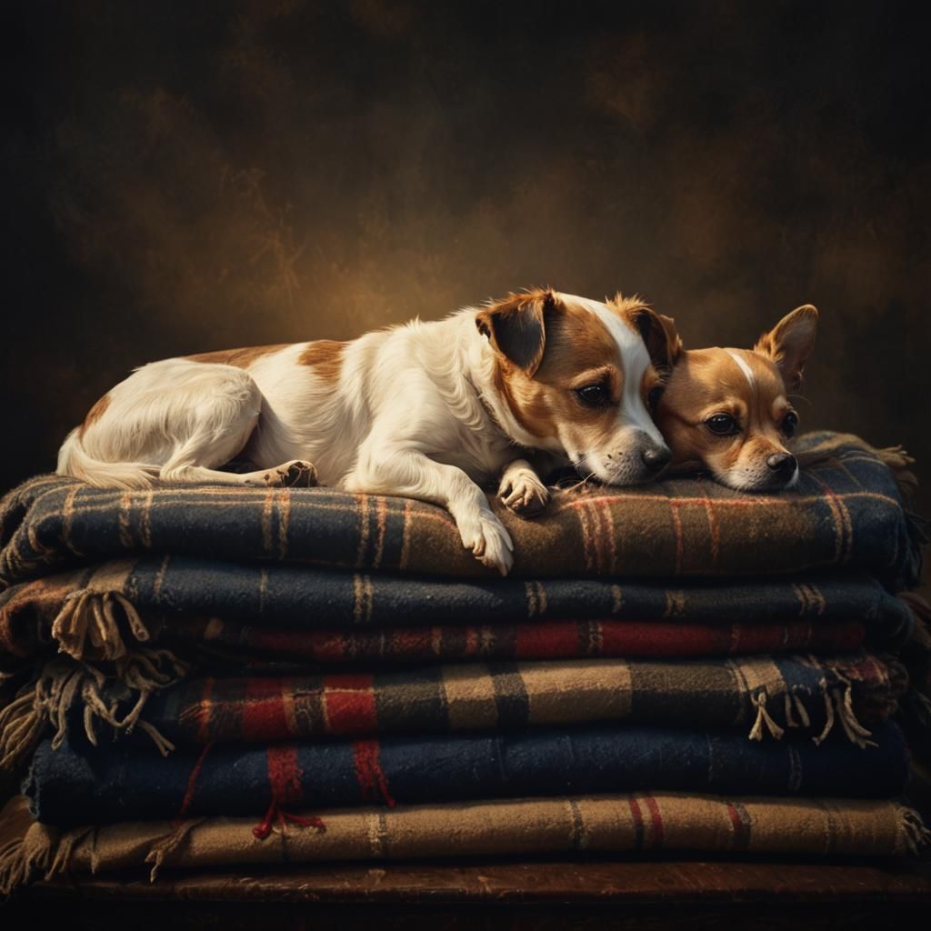 Cozy Senior Dogs Snuggled on Vintage Blankets