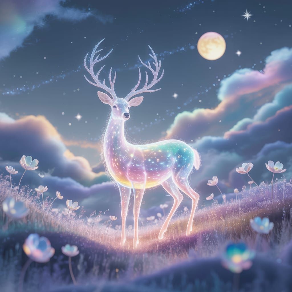 Ethereal Stardust Deer in Dreamlike Moonlit Realm