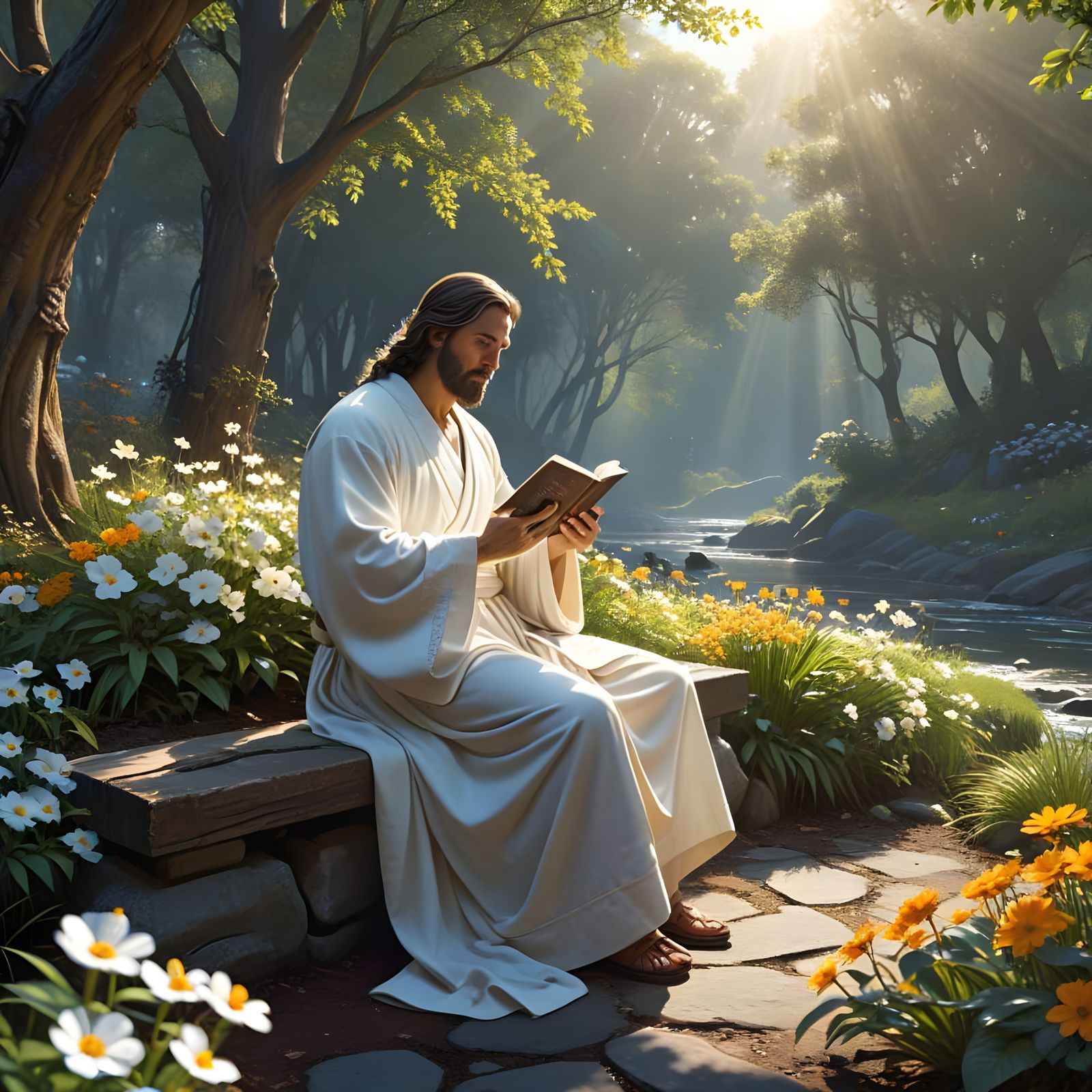 Ethereal Jesus in Lush Garden: A Serene Biblical Scene