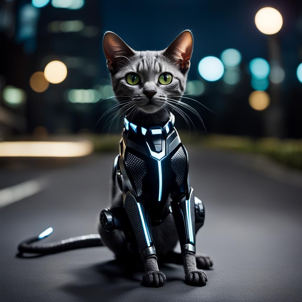 a majestic cat, enhanced with sleek, carbon fiber-like augme...