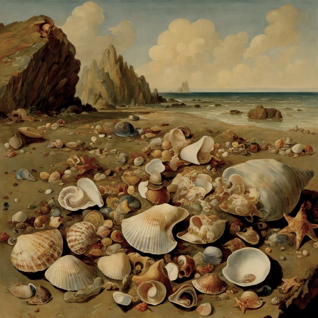Seashells on Sunlit Beach with Rockpools, Inspired by Richar...