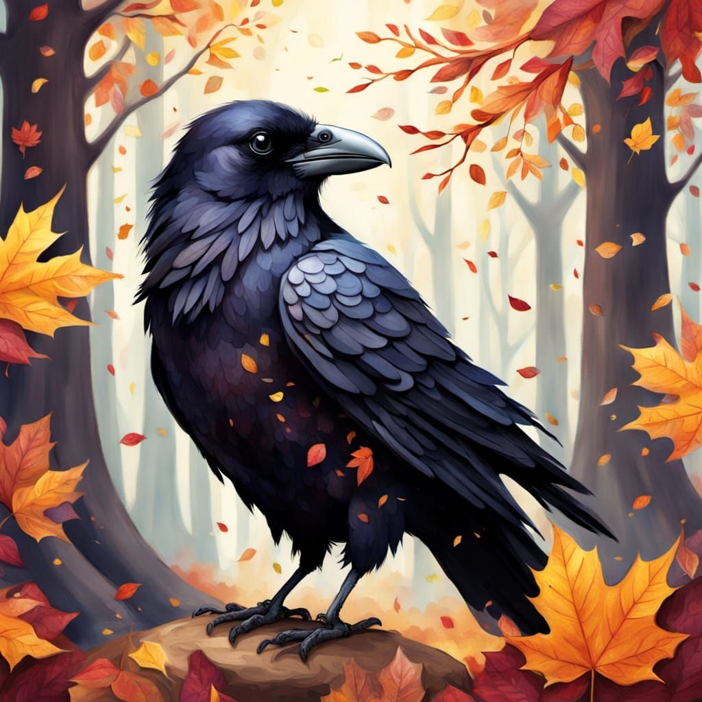 Cute Patchwork Raven in Autumn Forest