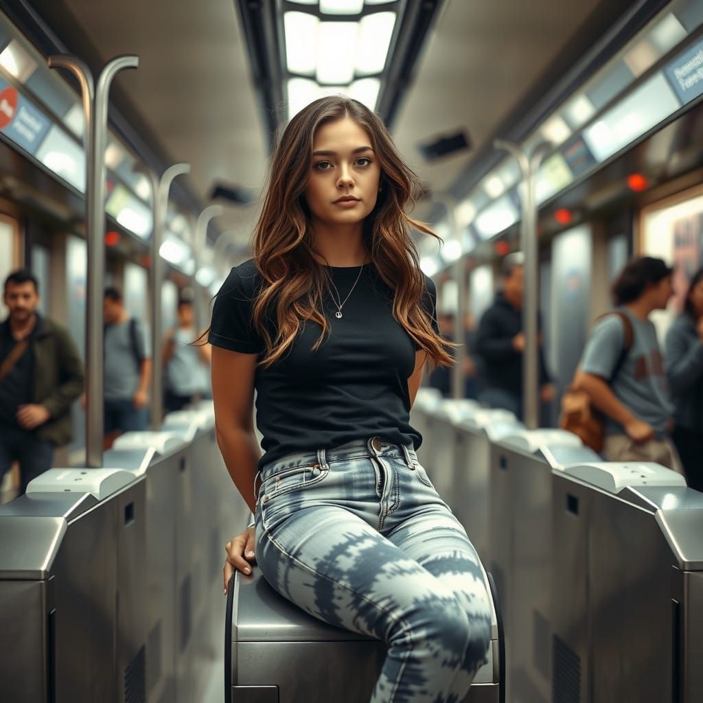 Relaxed Commuter in a Bustling Subway Station