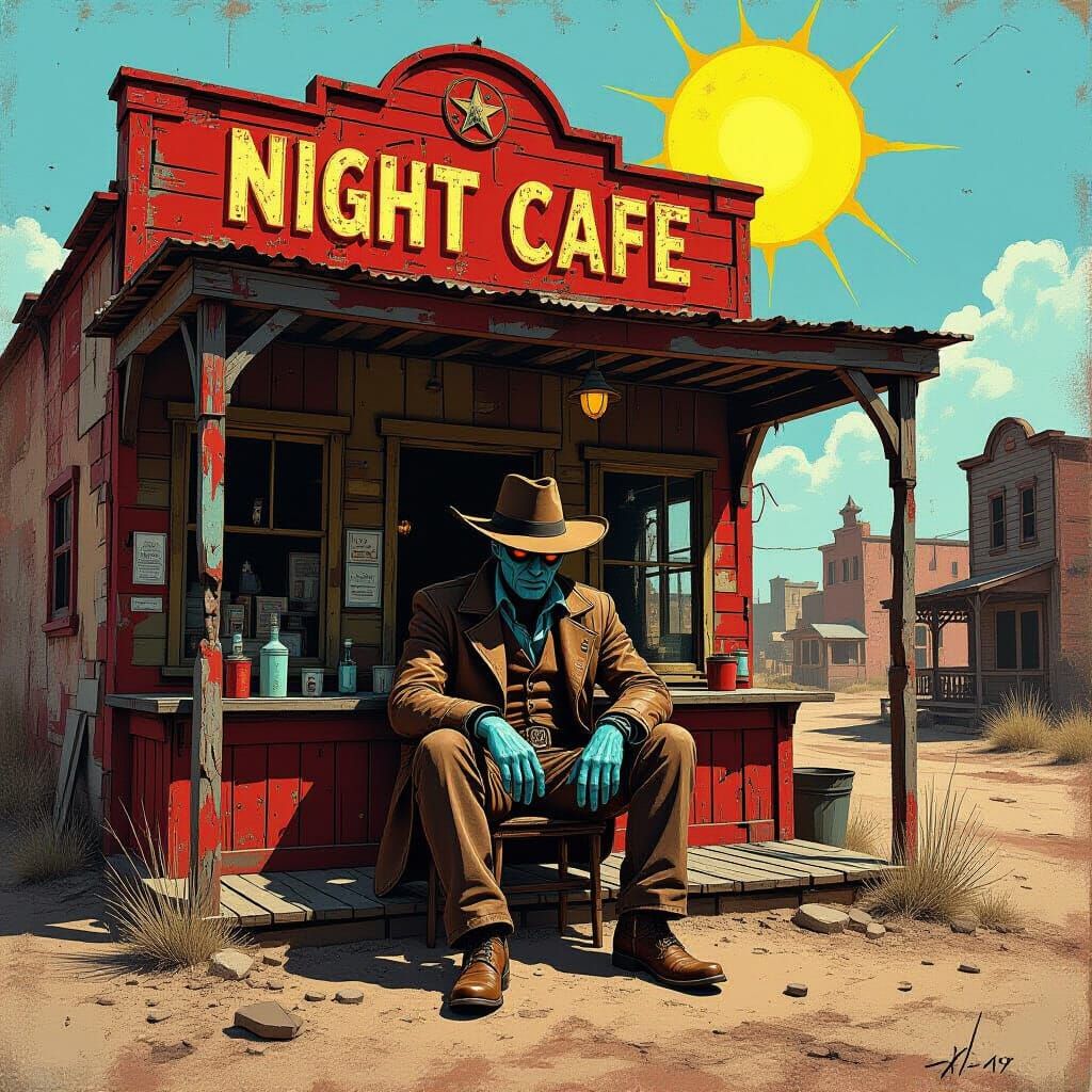 Post-Apocalyptic Western Cafe in Abstract Expressionist Styl...